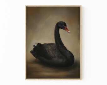 Antique Black Swan Oil Painting Print | Romantic Wall Art | Victorian Bird | Moody Aesthetic Room Decor | Black Swan Gothic Home | BSA3