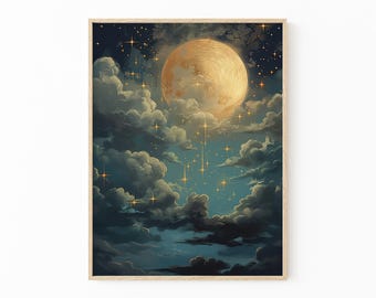 Vintage betoverende hemelse maan kunst olieverfschilderij print | Dark Academia & Dark Cottagecore | Schilderij nachtelijke hemel | Maankunstafdruk | ECM5