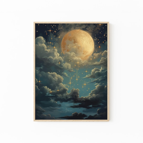 Vintage Enchanting Celestial Moon Art Oil Painting Print | Dark Academia & Dark Cottagecore | Night Sky Painting | Moon Art Print | ECM5