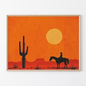 Cowgirl Minimalistischer Boho Western Gemälde Druck | Vintage südwestlichen Boho Kunst | Cowboy Wandbild | Terrakotta Sonnenuntergang | Cowgirl Kunst | CAA5
