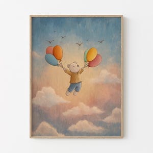 Stampa dipinta a mano con orsetto di peluche per bambini / Nuvola / Maschio Femmina / Genere Unisex Neutro Beige Naturale Palloncino Boho / BBT2
