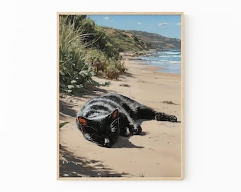 Black Cat Sleeping on Beach Oil Painting Print | Relaxed Black Cat Art | Beach Decor | Still Life Cat Print | Gift for Cat Lovers | BCB8