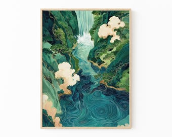 Japanese Waterfall Hokusai Oil Painting Print | Ukiyo-e Japanese Waterfall Art Print | Blue Green Japanese Home Decor | Waterfall Art | JWH2