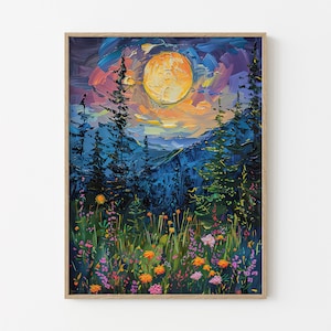 Moon above the Wildflowers and Woodland Oil Painting Print | Full Moon above Nature, Flowers and Trees | Mystical Midnight Enchanted | MAT3