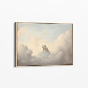Lienzo con estampado vintage de rana y nube / Decoración de pared para habitación infantil / Decoración de pared con cielo / Pintura al óleo antigua / Lienzo estirado listo para colgar / VCB1C