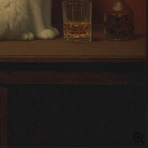 A white cat sitting on a wooden surface next to a glass of amber liquid and a small glass bottle.