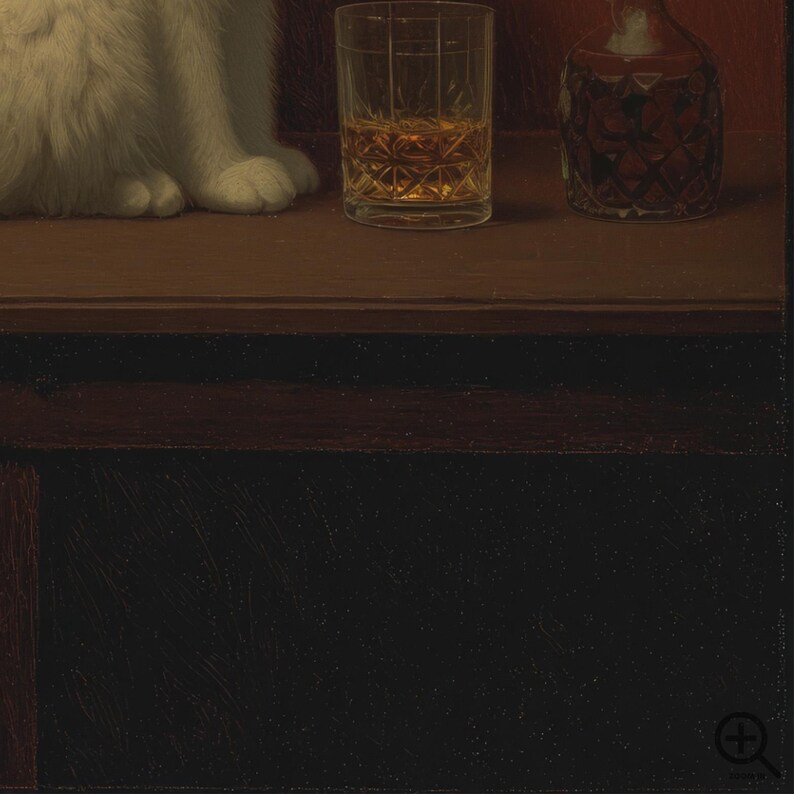 A white cat sitting on a wooden surface next to a glass of amber liquid and a small glass bottle.