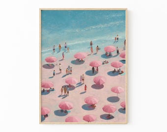 Pink Striped Beach Umbrellas Art Print: Pastel Coastal Summer Decor | UMB3