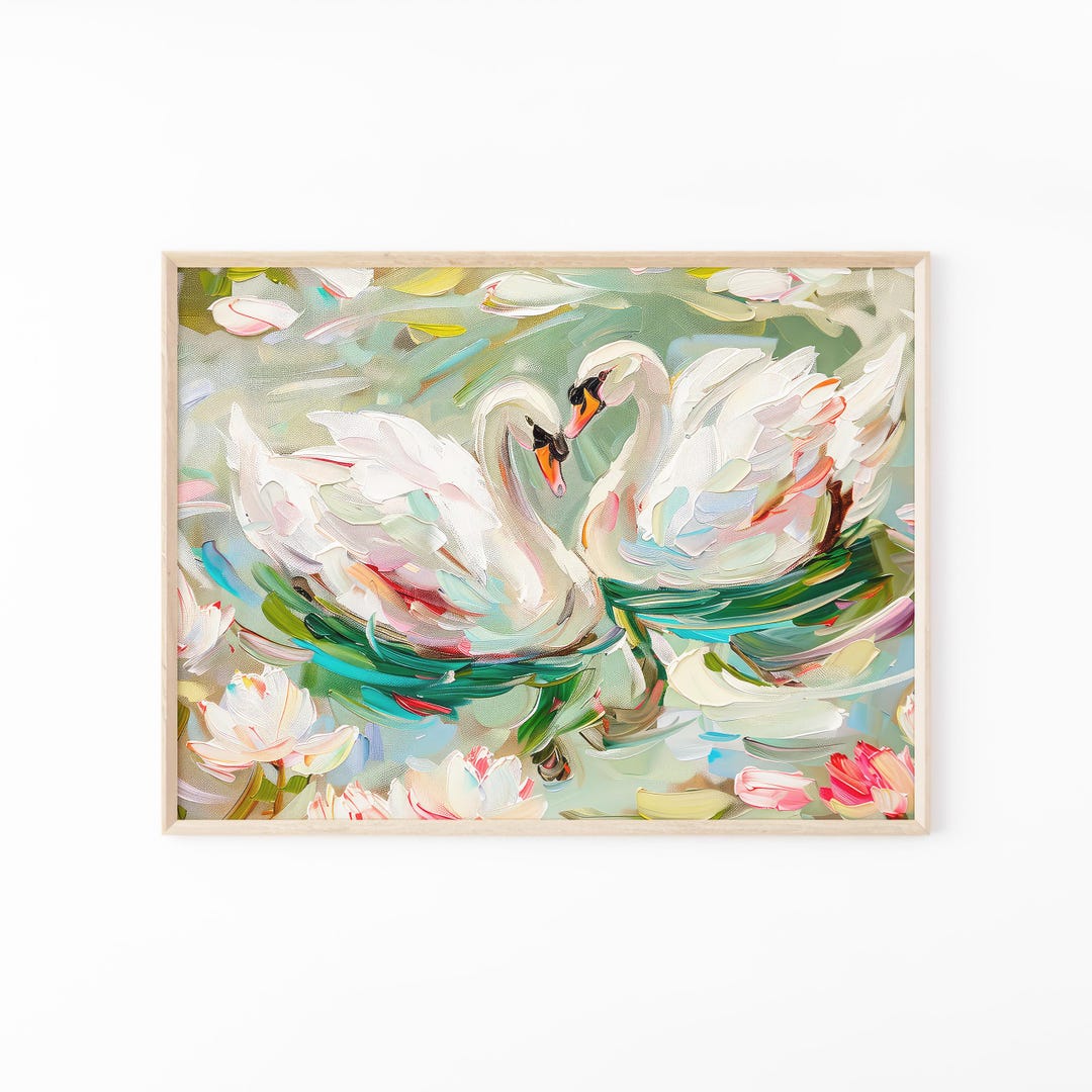 Pastel Swan in a Pond Oil Painting Print | Soft Pastel Wall Art | Pink ...