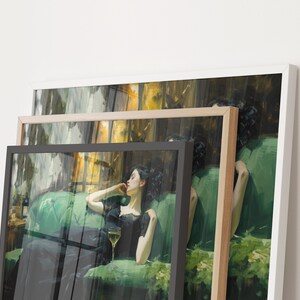 May include: A framed painting of a woman in a black dress reclining on a green couch. The woman is holding a glass of wine and looking off to the side. The painting is set against a backdrop of a window with a view of a garden.