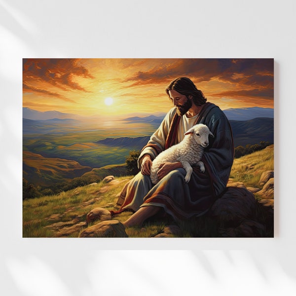Jesus hinterlässt die 99 Gemälde, Gleichnis vom verlorenen Schaf, Guter Hirte, Malerei Leinwand, Jesus Kunst, Bibel Wandkunst, christlicher Glaube JLP1