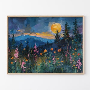 Moon above the Wildflowers and Woodland Oil Painting Print | Full Moon above Nature, Flowers and Trees | Mystical Midnight Enchanted | MAT7