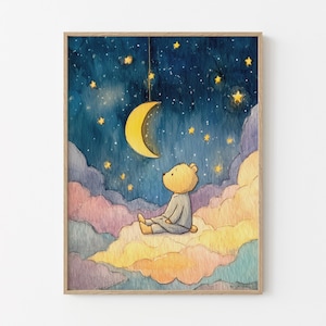 Stampe da pittura a forma di orsetto per la cameretta del bambino / Stelle celesti, nuvole, luna / Bambino e bambina / Genere unisex, sognante, pastello, boho / Stampa luna / BNT7