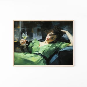 Decadent Young Woman after the Dance, Still Life Woman, Vintage Wall Art, Emerald Green Art, Moody Wall Decor, Oil Painting Print DY04