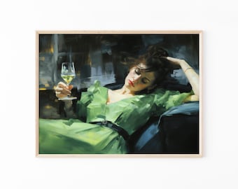 Dekadente junge Frau nach dem Tanz, Stillleben Frau, Vintage Wandkunst, smaragdgrüne Kunst, launische Wanddekoration, Ölgemälde Druck DY04