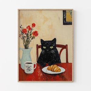 Cafe Croissant Cat Oil Painting Print | Kitchen Print | Bistro Coffee Poster | Un Cafe Sil Vous Plait | Kitchen Decor | Unique Prints | CCC2