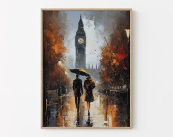 Rainy Day in London Big Ben Oil Painting Print, Wall Art Matte Print, Romantic Gift, Rainy Landscape Wall Art, Office Home Decor