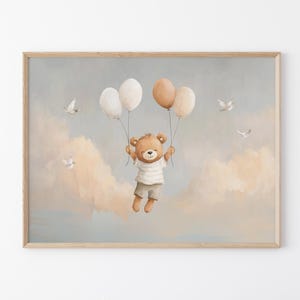 Stampa artistica con orsetto di peluche per cameretta dei bambini / Nuvola / Maschio Femmina / Genere Unisex Neutro Beige Naturale Palloncino Boho / BTN7