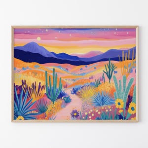 Stampa ad olio di paesaggio occidentale rosa / Stampa artistica retrò vintage / Stampe botaniche / Arte moderna di metà secolo / Arte murale al tramonto / PWL5