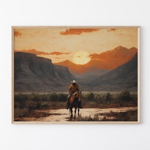 Vintage Landscape Cowboy Oil Painting Digital Print, Western Wall Art, Digital Mid-Century Wall Decor, Rustic Southwest Decor DVLCO09