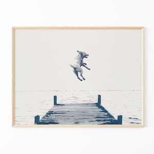 Happy Dog Jumping Off Dock Illustration | Happy Summertime Dog Sketch Art | Coastal Decor | Boat House Art | Gift for Dog Lovers | HDJ2