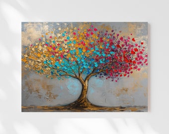 Abstract Blossom Tree Oil Painting Canvas Print | Blooming Colorful Tree | Plant Floral Artwork | Landscape Bohemian Wall Decor | ABT8