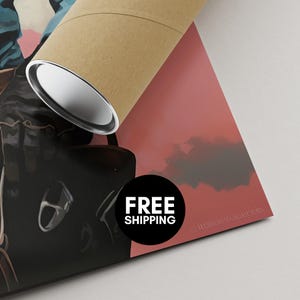 a cardboard tube with a metallic cap, and there is a red and black background with a white text bubble that says "FREE SHIPPING".