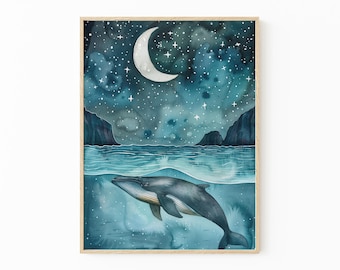 Dipinto ad acquerello di una balena notturna celeste / Megattera / Stampa artistica ad acquerello per bambini / CNW3