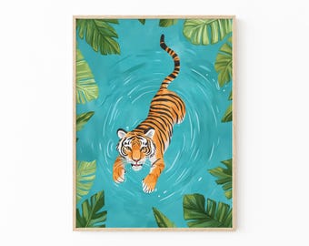 Impresión de pintura al óleo de tigre caminando en el río / Arte de pared de animales / Animales de safari / Decoración de pared tropical / Pintura de jungla / Tigre nadando / TWI2