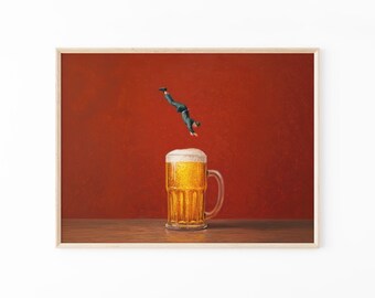 Impresión de pintura al óleo de Beer Buceador / Arte de cerveza / Regalo para amantes de la cerveza / Arte mural de cerveza / Arte mural de cocina moderno / Arte divertido / Marco opcional / BDO2