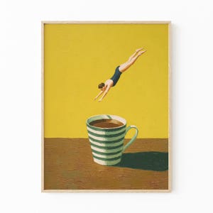 Coffee Diver Oil Painting Print | Coffee Artwork | Coffee Lover Gift | Coffee Wall Art | Trendy Kitchen Wall Art | Optional Frame | CDO7