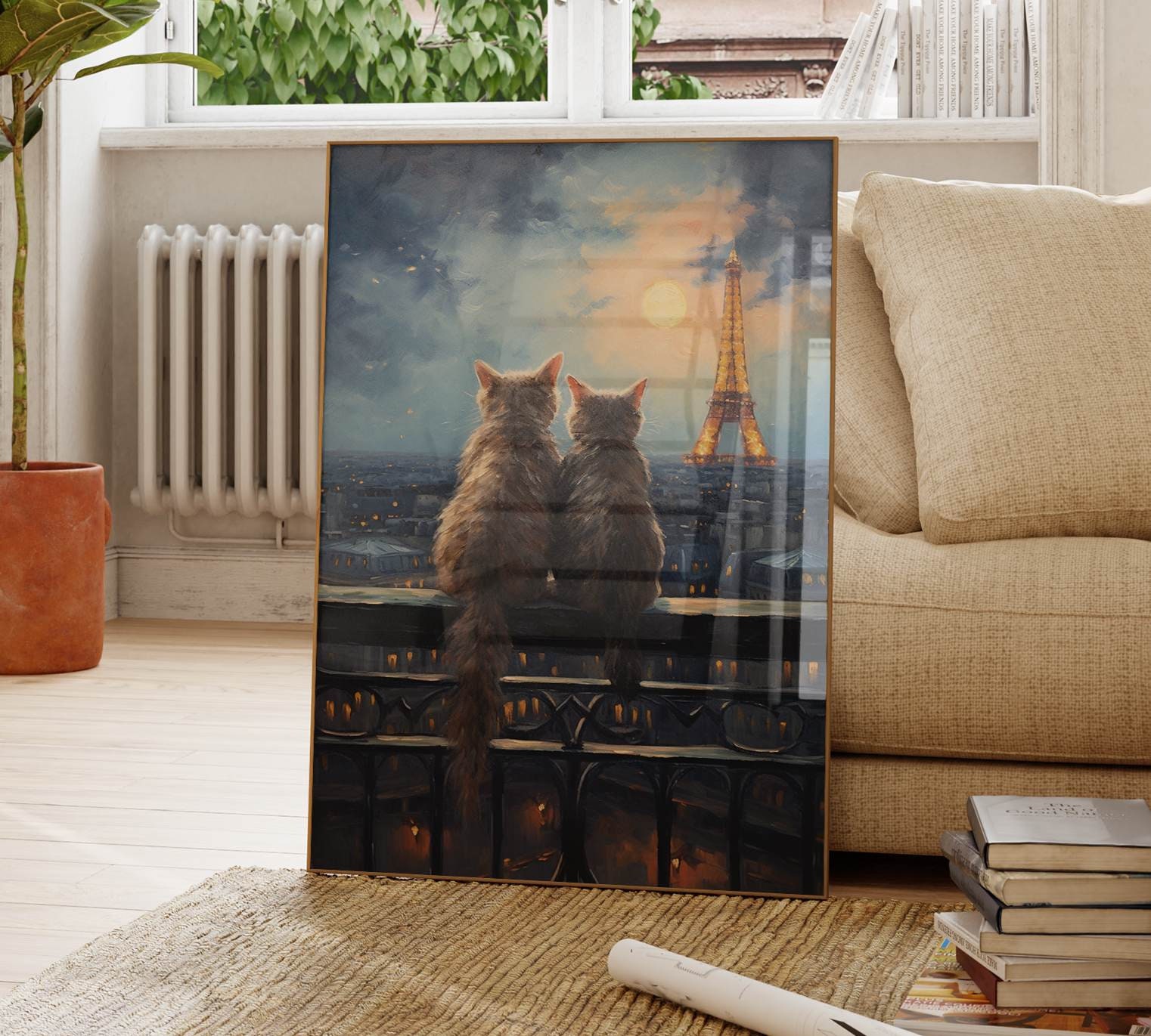 Cats in Paris,romantic night, Eiffel Tower, for cat lovers Painting by Olga  Koval