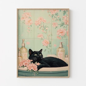 Black cat in a bathtub Painting Print | Japanese Bathroom Wall Art | Relaxation poster | Japan cat wall art | Neutral Japandi Print | BIC1