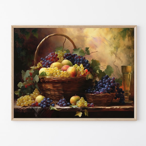 Vintage Basket of Fruit Oil Painting, Grapes Wall Matte Art Print, For Home Office Decor, Victorian Fruit Print, Stunning Vintage Fine Art