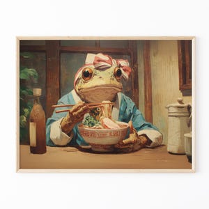 Frog Eating Ramen Oil Painting Print | Ramen Noodles Wall Art | Quirky Kitchen Decor | Japanese Inspired Painting | Unique Wall Art | RFE4