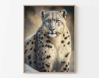 Snow Leopard Oil Painting, Winter Snow Leopard Artwork, Wildlife Animal Art Matte Print, for Home Office Wall Decor