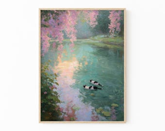 Monet Inspired Cat Art Print | Whimsical Water Lilies Painting for Cat Lovers | CAA4