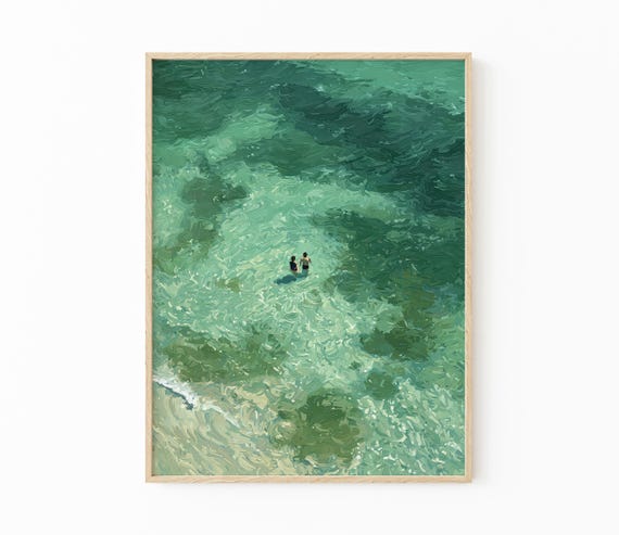 Green Abstract Oil Painting Print | Two People Swimming Painting