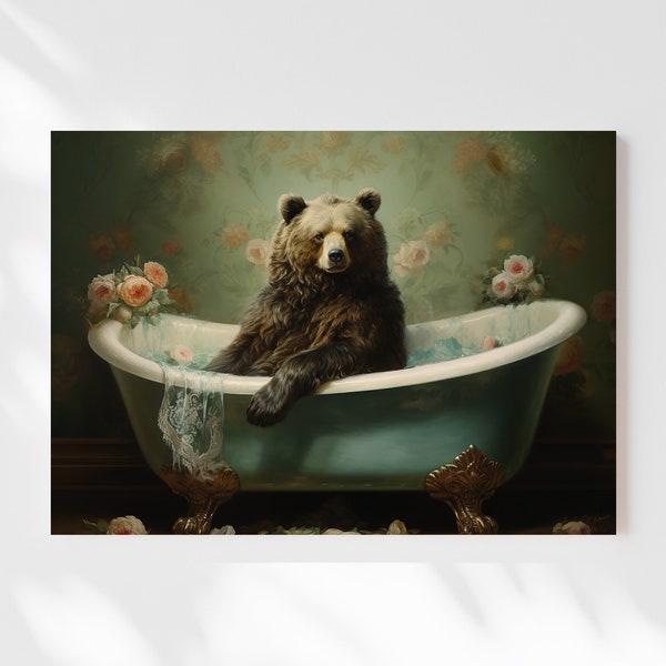 Bear in the Bathtub Oil Painting Canvas | Funny Bathroom Wall Art, Surreal Black Bear Canvas, Whimsy Animal Art, Dark Humor BIT2