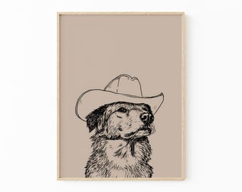 Impresión artística de perro vaquero negro con boceto divertido / Impresión retro / Arte vintage / Arte mural azul / Impresión de perro del oeste / Decoración de moda / CDB2