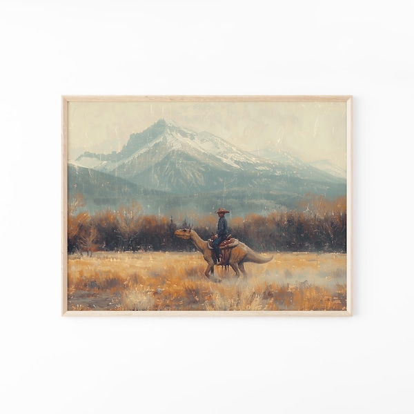Impresión de pintura al óleo de dinosaurio vaquero vintage / Impresión de dinosaurio jurásico occidental / Regalo para él / Arte mural divertido / VDC14