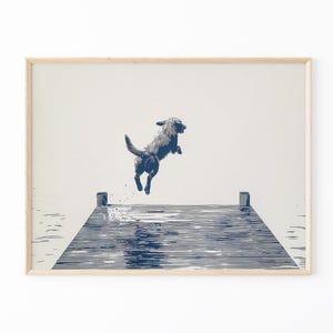 Happy Dog Jumping Off Dock Illustration | Happy Summertime Dog Sketch Art | Coastal Decor | Boat House Art | Gift for Dog Lovers | HDJ3