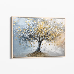 Pintura a óleo da Árvore da Vida | Impressão em tela esticada | Arte de parede de árvore com flores douradas e prateadas abstratas | Decoração de sala de estar | TOL2