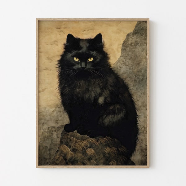 Vintage Japanese Cat Poster, Japanese Cat Art Print, Black Cat, Cat Wall Art Decor, Cat Lovers Gift, Cat Person Gift, Cat People Gift