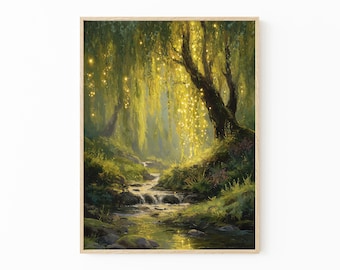 Willow Tree Fairies Oil Painting Print | Cottagecore Decor | Dark Academia Art | Enchanted Nature Wall Art | Rustic Aesthetic | TOP7