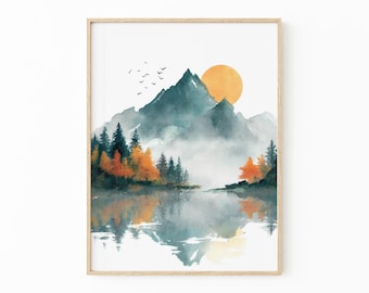 Rocky Mountain Watercolor Lake Painting Print | Neutral Landscape Wall Art | SWD4