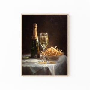 Pomme Frites and Champagne Glass Oil Painting Print | Cute Quirky Whimsical | Cocktail Art Bar Cart Decor | French Fries | PFA2