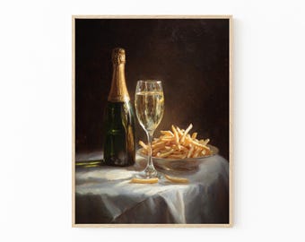 Pomme Frites and Champagne Glass Oil Painting Print | Cute Quirky Whimsical | Cocktail Art Bar Cart Decor | French Fries | PFA2