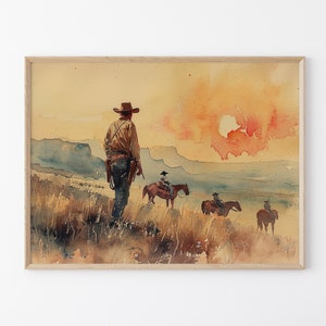 Dipinto ad acquerello di paesaggio vintage con cowboy, arte murale western, decorazione murale di metà secolo, decorazione rustica del sud-ovest #VLC20