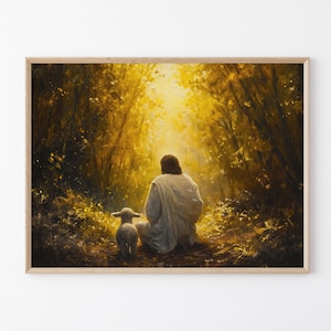 Lost Lamb Oil Painting Print | Jesus Running with Lost Lamb | Jesus Lamb of God | Jesus and Lamb No Words | Lost Sheep with Jesus | LLO7